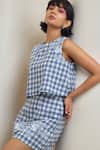 Shop_MAISOLOS_Blue Cotton Embroidery Round Neck Gingham Top And Skirt Set _Online_at_Aza_Fashions