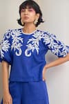 Shop_MAISOLOS_Blue Cotton, Linen Embroidery Round Neck Top And Pant Set _Online_at_Aza_Fashions