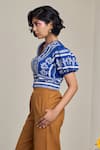 MAISOLOS_Blue Cotton, Linen Embroidery V-neck Top _Online_at_Aza_Fashions