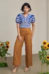Shop_MAISOLOS_Blue Cotton, Linen Embroidery V-neck Top _Online_at_Aza_Fashions