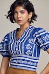 MAISOLOS_Blue Cotton, Linen Embroidery V-neck Top _at_Aza_Fashions