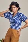 Buy_MAISOLOS_Blue Cotton, Linen Embroidery V-neck Top _at_Aza_Fashions