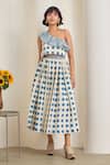 Buy_MAISOLOS_White Cotton One Shoulder Blue Polka Dot Crop Top And Skirt Set _at_Aza_Fashions