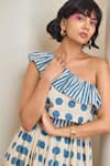 Buy_MAISOLOS_White Cotton One Shoulder Blue Polka Dot Crop Top And Skirt Set _Online_at_Aza_Fashions