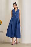 MAISOLOS_Navy Linen Beads V-neck Blue Jute Skirt Set _Online_at_Aza_Fashions