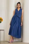 Buy_MAISOLOS_Navy Linen Beads V-neck Blue Jute Skirt Set _at_Aza_Fashions