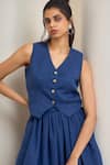 Shop_MAISOLOS_Navy Linen Beads V-neck Blue Jute Skirt Set _Online_at_Aza_Fashions
