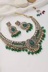 SWABHIMANN_Green Stones, Beads Gold Polki Necklace Set _Online_at_Aza_Fashions