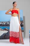Nautanky_Red Chiffon Embroidery Halter Neck Coral Bustier And Skirt Set _Online_at_Aza_Fashions