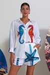 Nautanky_White Cotton, Linen Embroidery Colorful Seahorse Print Shirt And Shorts Set _Online_at_Aza_Fashions