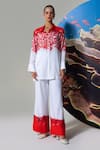 Nautanky_White Cotton, Linen Embroidery Collared Coral Print Pant Set _at_Aza_Fashions