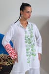 Nautanky_White Cotton, Linen Embroidery Collared Designer Coral Print Pant Set _at_Aza_Fashions