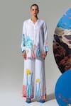 Nautanky_White Cotton, Linen Embroidery Collared Coral Print Pant Set _at_Aza_Fashions