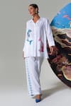 Nautanky_White Cotton, Linen Embroidery Collared Lagoon Lover Pant Set _Online_at_Aza_Fashions