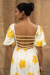 Kalakaari By Sagarika_Multi Color Cotton Square Neck Butter Yellow Floral Midi Dress _Online_at_Aza_Fashions