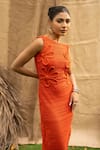 Kalakaari By Sagarika_Orange Cotton Fabric Flowers Crew Neck Floral Embellished Midi Dress _Online_at_Aza_Fashions