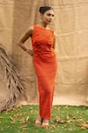 Buy_Kalakaari By Sagarika_Orange Cotton Fabric Flowers Crew Neck Floral Embellished Midi Dress _Online_at_Aza_Fashions