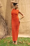 Shop_Kalakaari By Sagarika_Orange Cotton Fabric Flowers Crew Neck Floral Embellished Midi Dress _Online_at_Aza_Fashions
