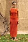 Kalakaari By Sagarika_Orange Cotton Fabric Flowers Crew Neck Floral Embellished Midi Dress _at_Aza_Fashions