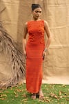 Buy_Kalakaari By Sagarika_Orange Cotton Fabric Flowers Crew Neck Floral Embellished Midi Dress _at_Aza_Fashions
