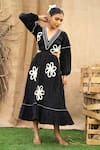 Buy_Kalakaari By Sagarika_Black Cotton Embroidery V-neck Floral Applique Midi Dress _at_Aza_Fashions