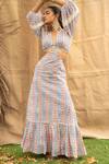 Kalakaari By Sagarika_Multi Color Cotton Lace V-neck Maxi Dress With Puff Sleeves _Online_at_Aza_Fashions