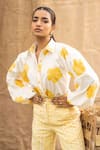 Kalakaari By Sagarika_White Cotton Embroidery Collared Butter Yellow Floral Print Pant Set _Online_at_Aza_Fashions