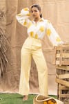 Buy_Kalakaari By Sagarika_White Cotton Embroidery Collared Butter Yellow Floral Print Pant Set _at_Aza_Fashions