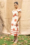 Kalakaari By Sagarika_Orange Cotton Embroidery Square Neck Floral Midi Dress _at_Aza_Fashions