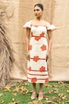 Shop_Kalakaari By Sagarika_Orange Cotton Embroidery Square Neck Floral Midi Dress 