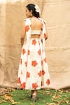 Shop_Kalakaari By Sagarika_Orange Cotton Embroidery V-neck Floral Midi Dress _at_Aza_Fashions