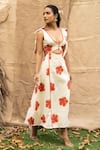 Kalakaari By Sagarika_Orange Cotton Embroidery V-neck Floral Midi Dress _Online_at_Aza_Fashions