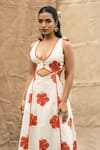 Shop_Kalakaari By Sagarika_Orange Cotton Embroidery V-neck Floral Midi Dress _Online_at_Aza_Fashions