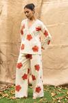 Kalakaari By Sagarika_Off White Cotton Embroidery V-neck Floral Print Pant Set _Online_at_Aza_Fashions