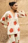 Kalakaari By Sagarika_Off White Cotton Embroidery V-neck Floral Print Pant Set _at_Aza_Fashions