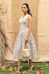 Buy_Kalakaari By Sagarika_Blue Cotton Embroidery V-neck Midi Dress With Printed Details _Online_at_Aza_Fashions