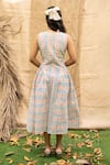 Shop_Kalakaari By Sagarika_Blue Cotton Embroidery V-neck Midi Dress With Printed Details _at_Aza_Fashions