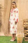 Shop_Kalakaari By Sagarika_Red Cotton Embroidery V-neck Floral Midi Dress _Online_at_Aza_Fashions