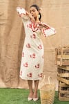 Buy_Kalakaari By Sagarika_Red Cotton Embroidery V-neck Floral Midi Dress _at_Aza_Fashions