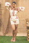 Kalakaari By Sagarika_Red Cotton Embroidery Collared Floral Shirt And Shorts Set _at_Aza_Fashions