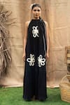 Kalakaari By Sagarika_Black Cotton Halter Neck Maxi Dress With Floral Embroidery _at_Aza_Fashions