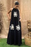 Buy_Kalakaari By Sagarika_Black Cotton Halter Neck Maxi Dress With Floral Embroidery _at_Aza_Fashions