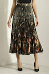 Shop_RANNA GILL_Black Polyester, Satin Lunara Pleated Midi Skirt _at_Aza_Fashions
