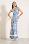 Buy_RANNA GILL_Sky Blue Spandex, Jersey Embroidery Halter Neck Gathered Maxi Dress _Online_at_Aza_Fashions