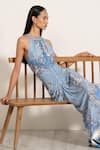 Shop_RANNA GILL_Sky Blue Spandex, Jersey Embroidery Halter Neck Gathered Maxi Dress _Online_at_Aza_Fashions