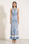RANNA GILL_Sky Blue Spandex, Jersey Embroidery Halter Neck Gathered Maxi Dress _at_Aza_Fashions