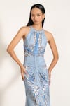 Buy_RANNA GILL_Sky Blue Spandex, Jersey Embroidery Halter Neck Gathered Maxi Dress 