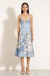 Buy_RANNA GILL_Sky Blue Viscose, Linen V-neck Aria Pleated Midi Dress _Online_at_Aza_Fashions