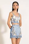 Buy_RANNA GILL_Sky Blue Viscose, Linen Square Neck Coraline Printed Bustier _Online_at_Aza_Fashions