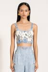 Shop_RANNA GILL_Sky Blue Viscose, Linen Square Neck Coraline Printed Bustier _Online_at_Aza_Fashions